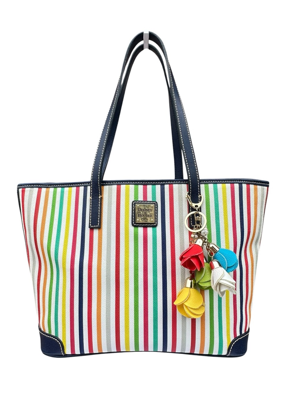 💐Dooney & Bourke Rainbow Multi Stripe Shopper Tote Bag + Flower Charm - Picture 1 of 12